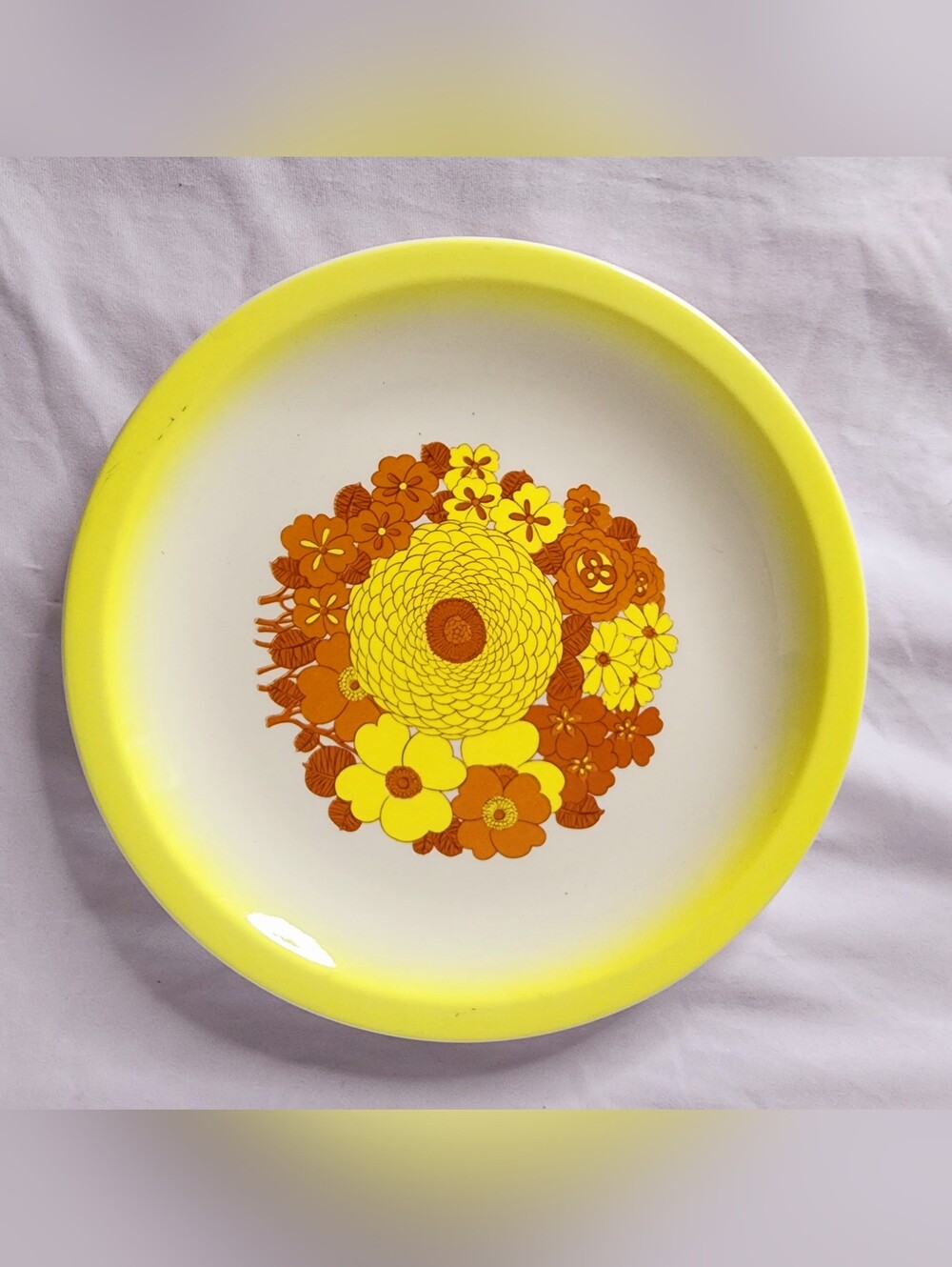 ​Vintage 1970s Retro Floral Dinner Plate Yellow Orange Brown Flower USA
